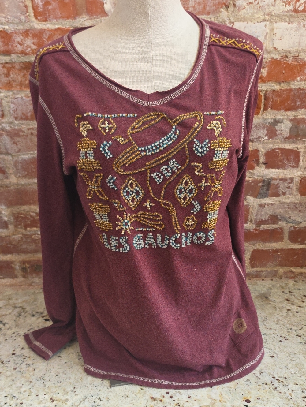 Double D Ranch Burgundy Embellished Long Sleeve Tee - 1819